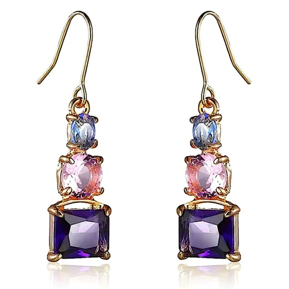 Gold Plated Amethyst Pink Zircon Blue Topaz Dangle Color Block Earrings - Picture 5 of 5